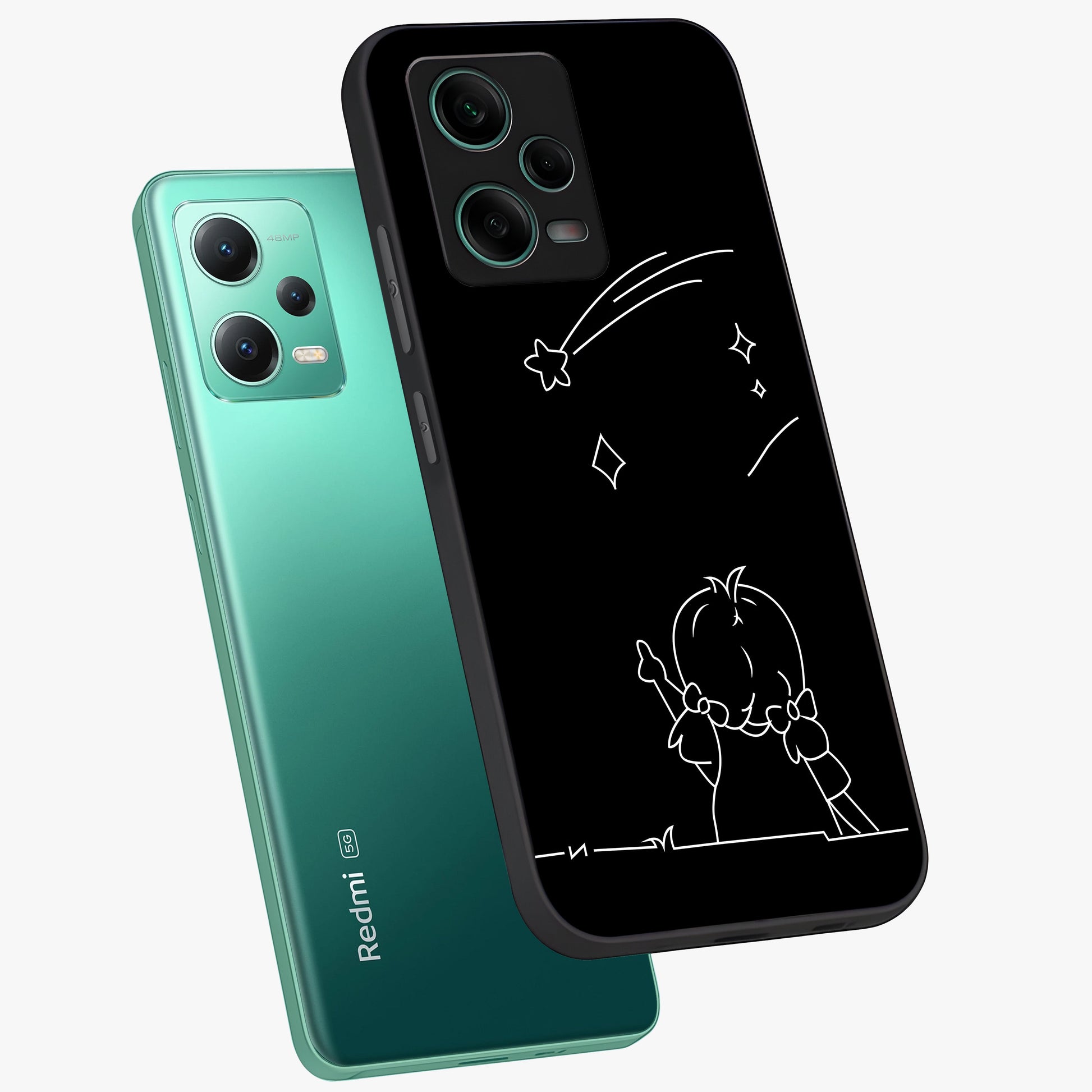 Line Art Girl With Shooting Stars Glass Case displayed in angled mockup highlighting elegant line art design with dreamy star aesthetic.
