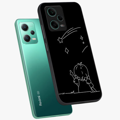 Line Art Girl With Shooting Stars Glass Case displayed in angled mockup highlighting elegant line art design with dreamy star aesthetic.