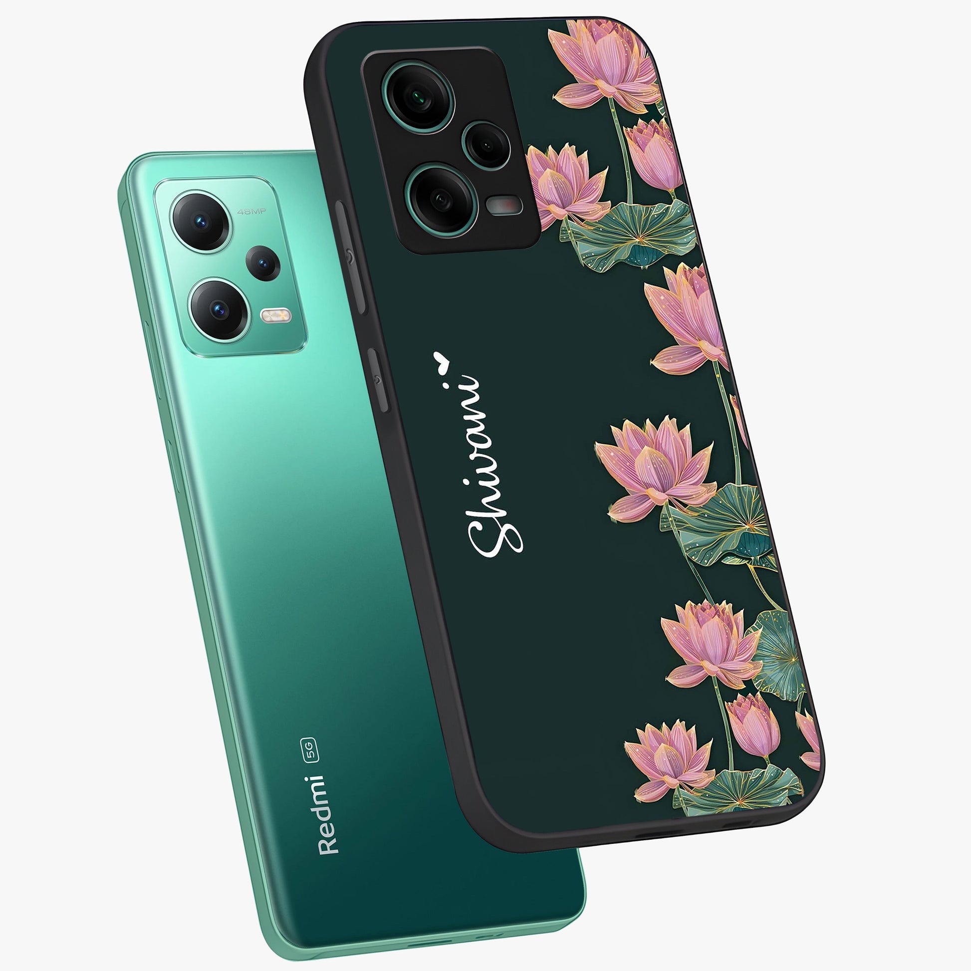 Lotus Bloom Serenity Custom Name Glass Case displayed in angled mockup highlighting graceful lotus illustration with custom name feature.