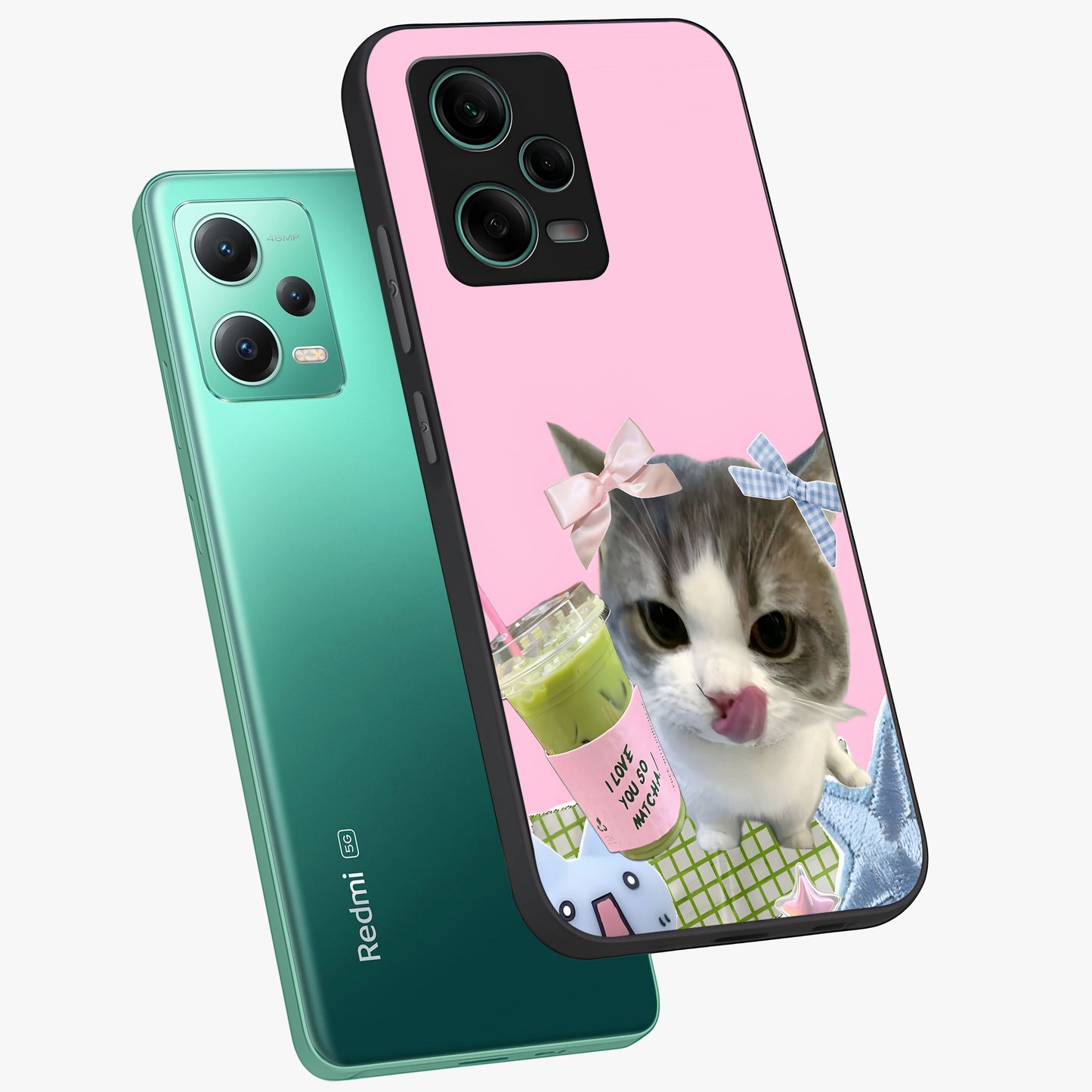 Love Matcha Cat Glass Case displayed in angled mockup highlighting playful feline illustration with cozy matcha aesthetic.