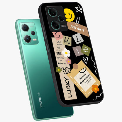 Lucky Aesthetic Collage Glass Case displayed in angled mockup highlighting stylish collage pattern with modern aesthetic vibe.