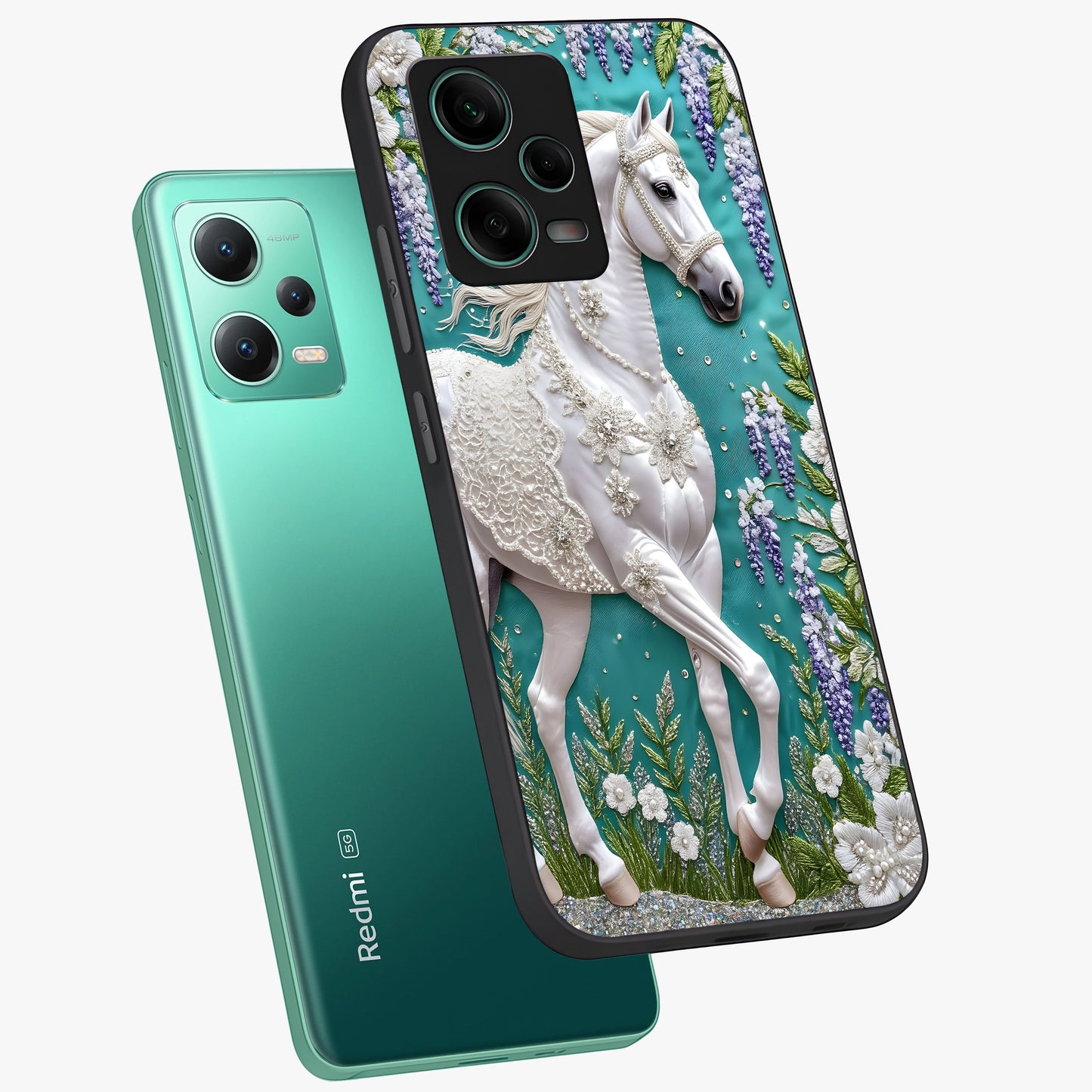 Majestic Floral Stallion Glass Case displayed in angled mockup highlighting majestic stallion illustration with elegant floral aesthetic.
