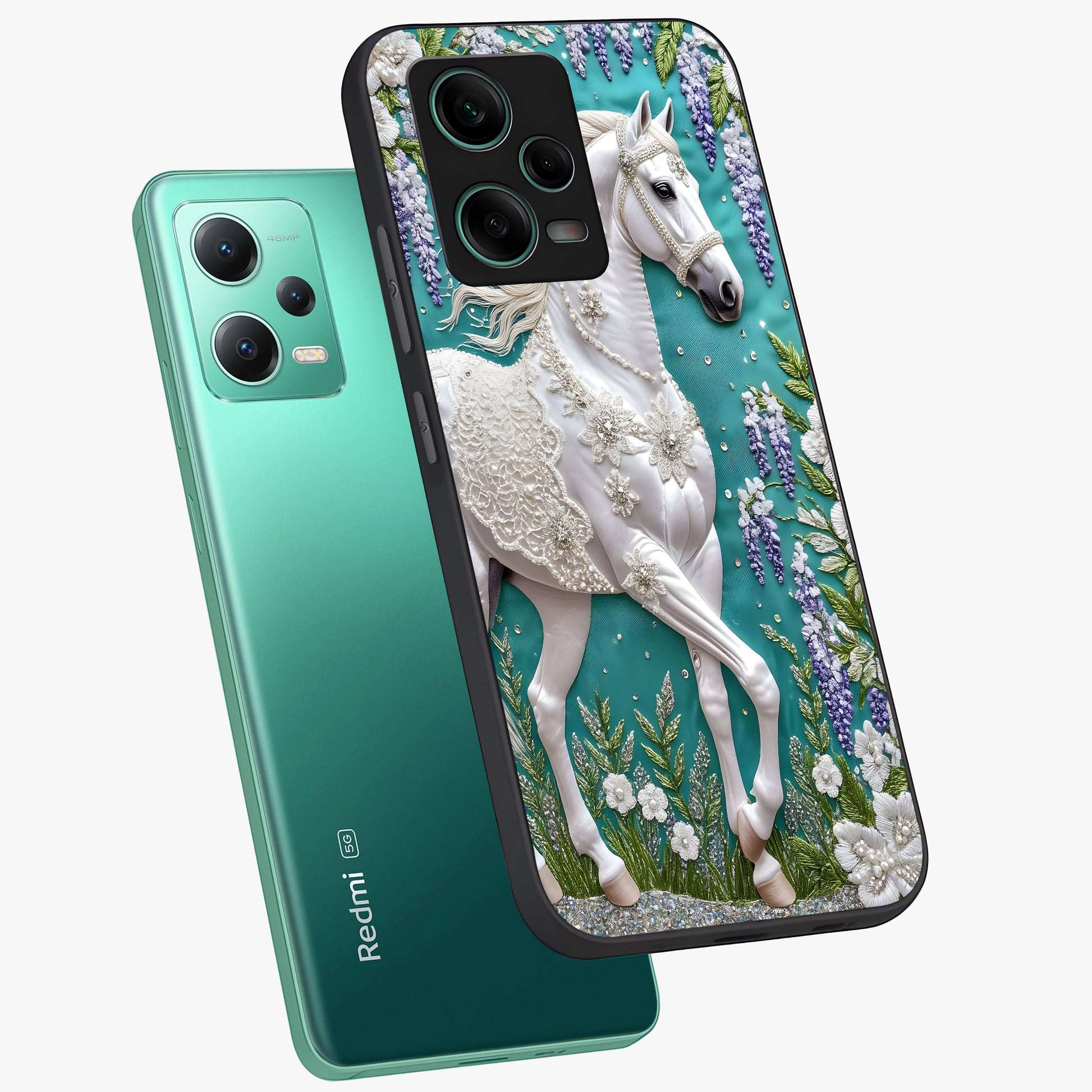 Majestic Floral Stallion Glass Case displayed in angled mockup highlighting majestic stallion illustration with elegant floral aesthetic.