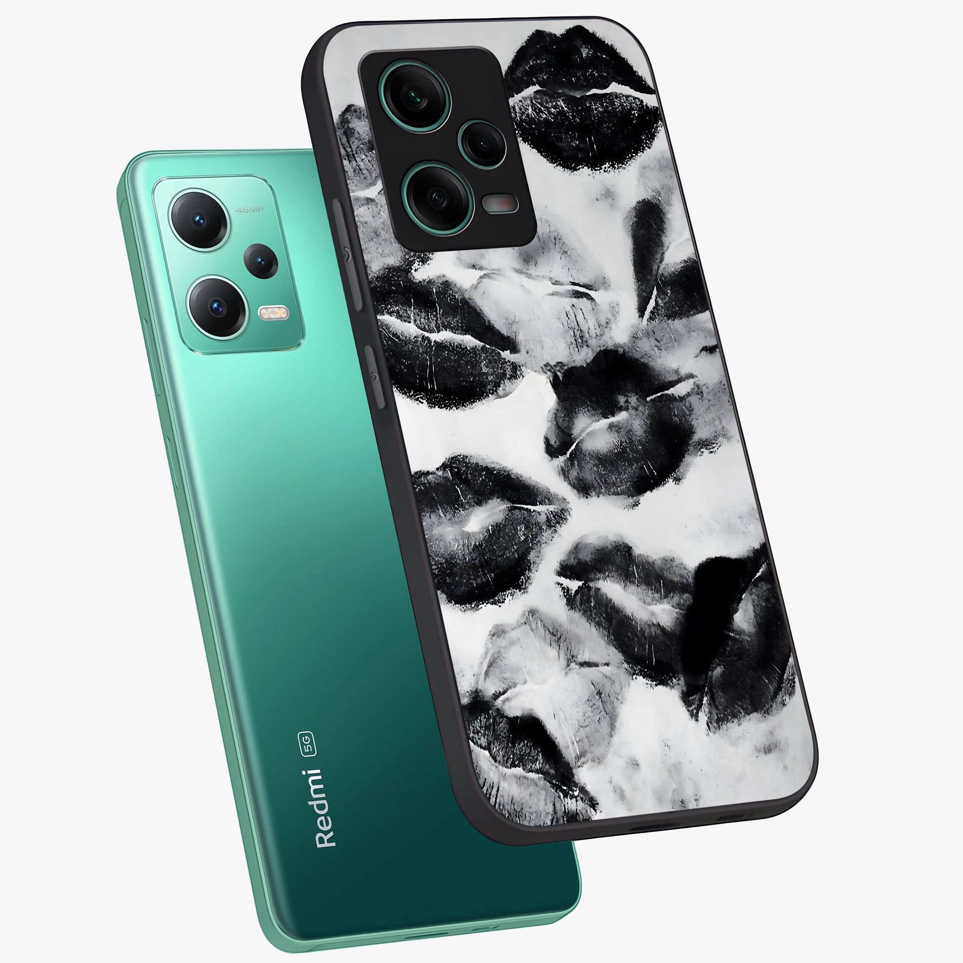 Midnight Kiss Marks Glass Case displayed in angled mockup highlighting playful romantic design with bold midnight aesthetic.