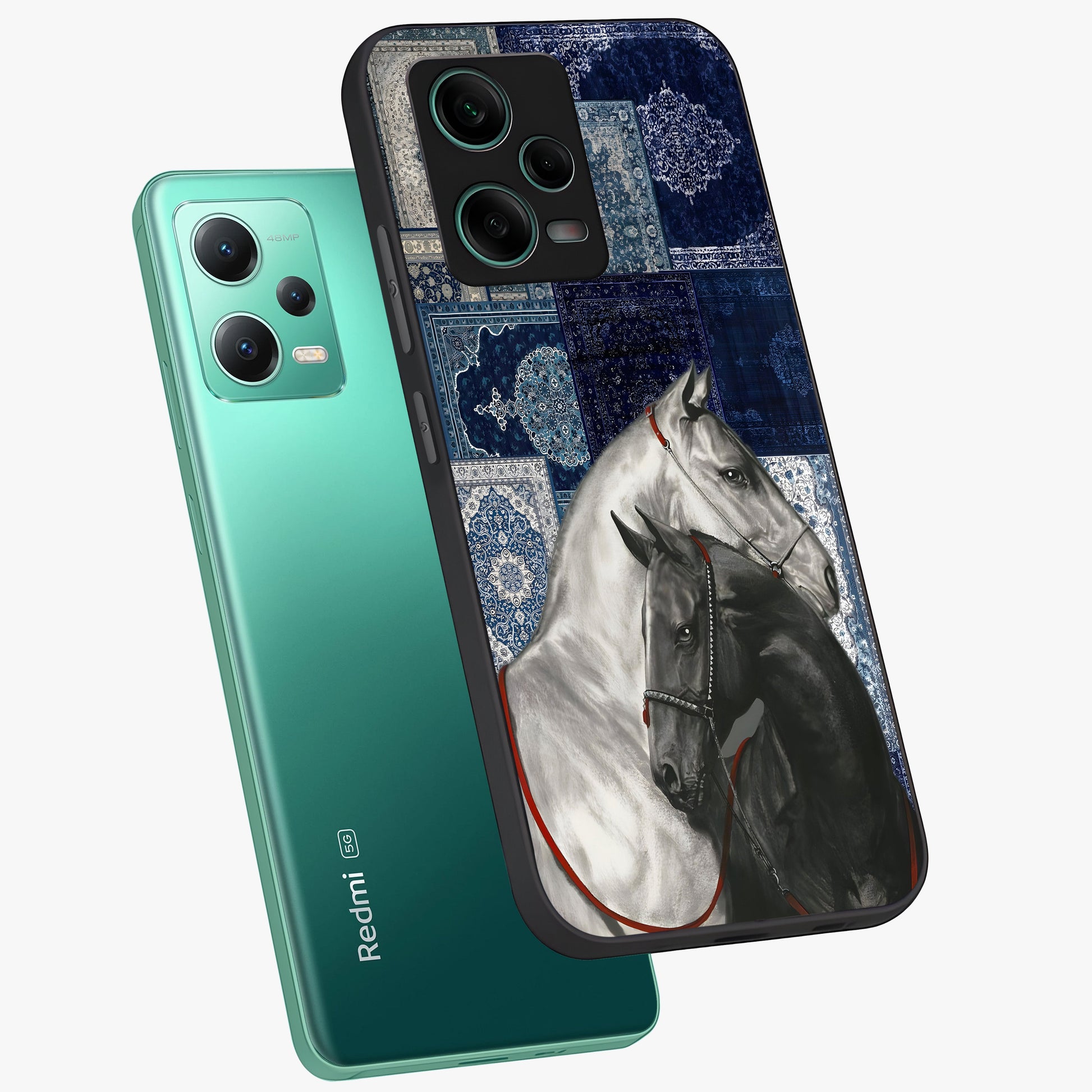 Midnight Stallion Blues Glass Case displayed in angled mockup highlighting powerful stallion illustration with deep midnight tones.