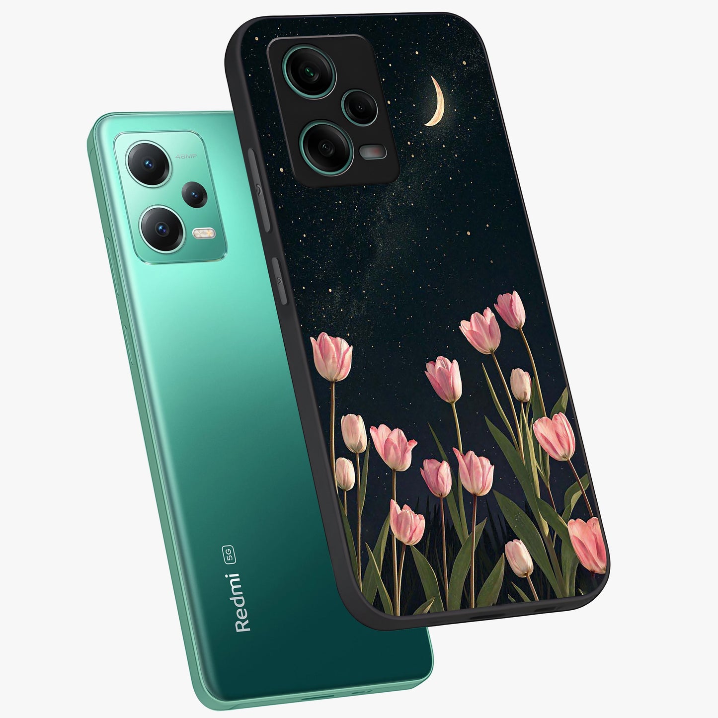 Midnight Tulip Whispers Vibe Glass Case displayed in angled mockup highlighting delicate tulip design with midnight floral aesthetic.