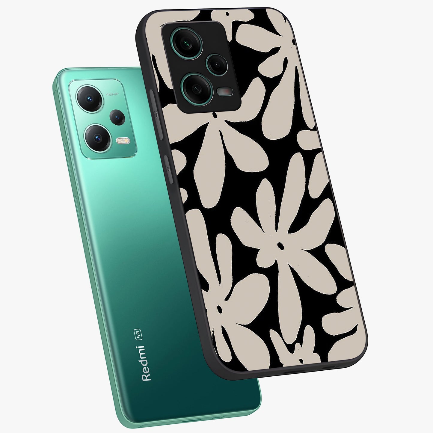Monochrome Petal Dance Glass Case displayed in angled mockup highlighting elegant petal design with black and white aesthetic.