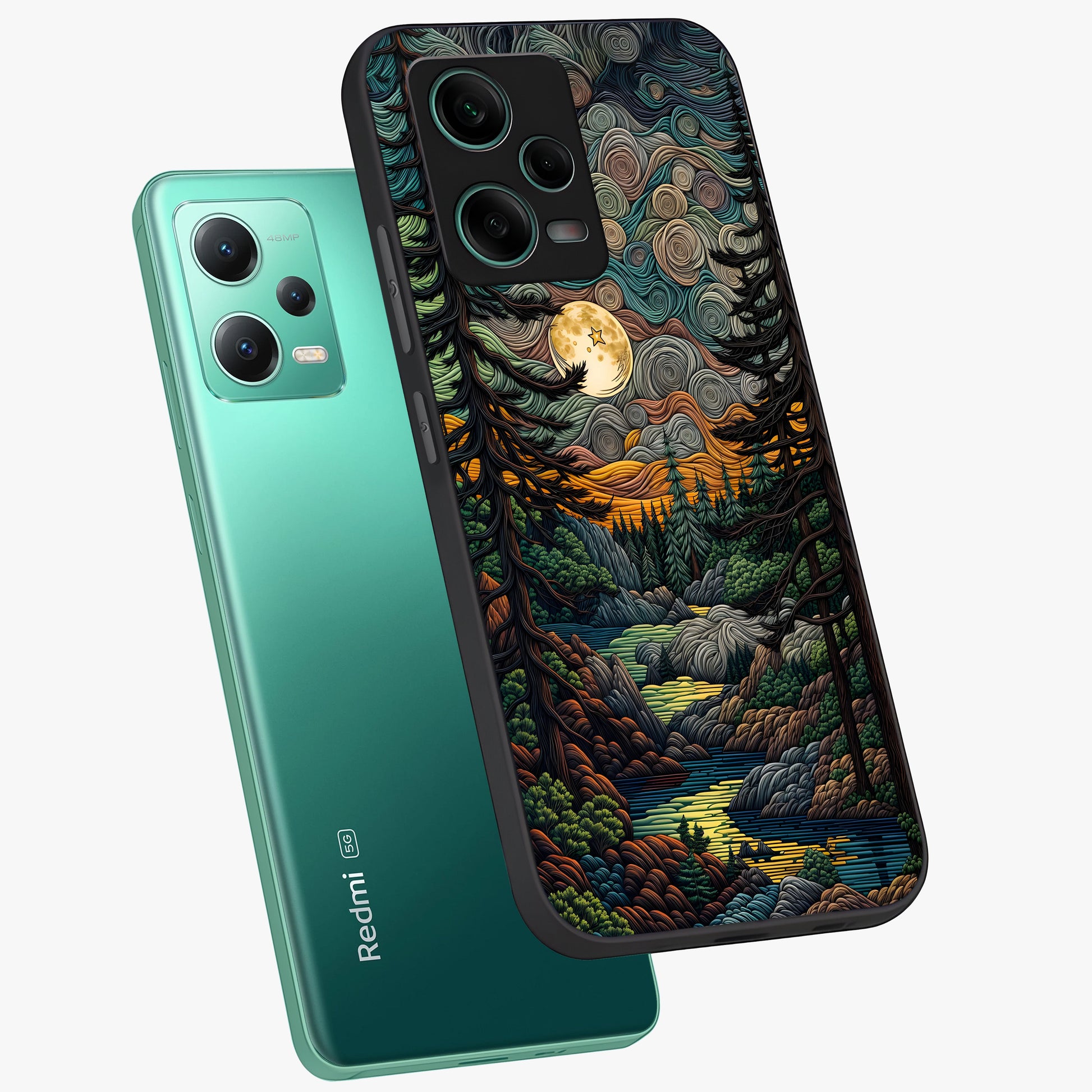 Moonlight Forest Dream Glass Case displayed in angled mockup highlighting dreamy forest design with glowing moon aesthetic.