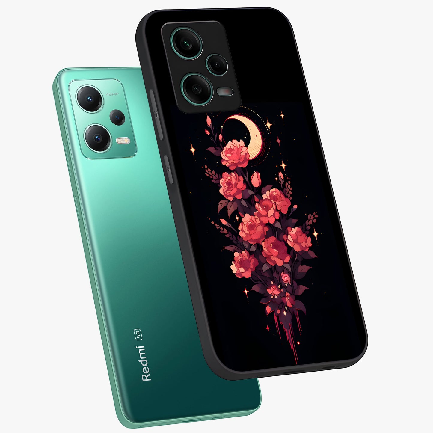 Moonlit Floral Elegance Glass Case displayed in angled mockup highlighting graceful flower design with soft moonlight aesthetic.