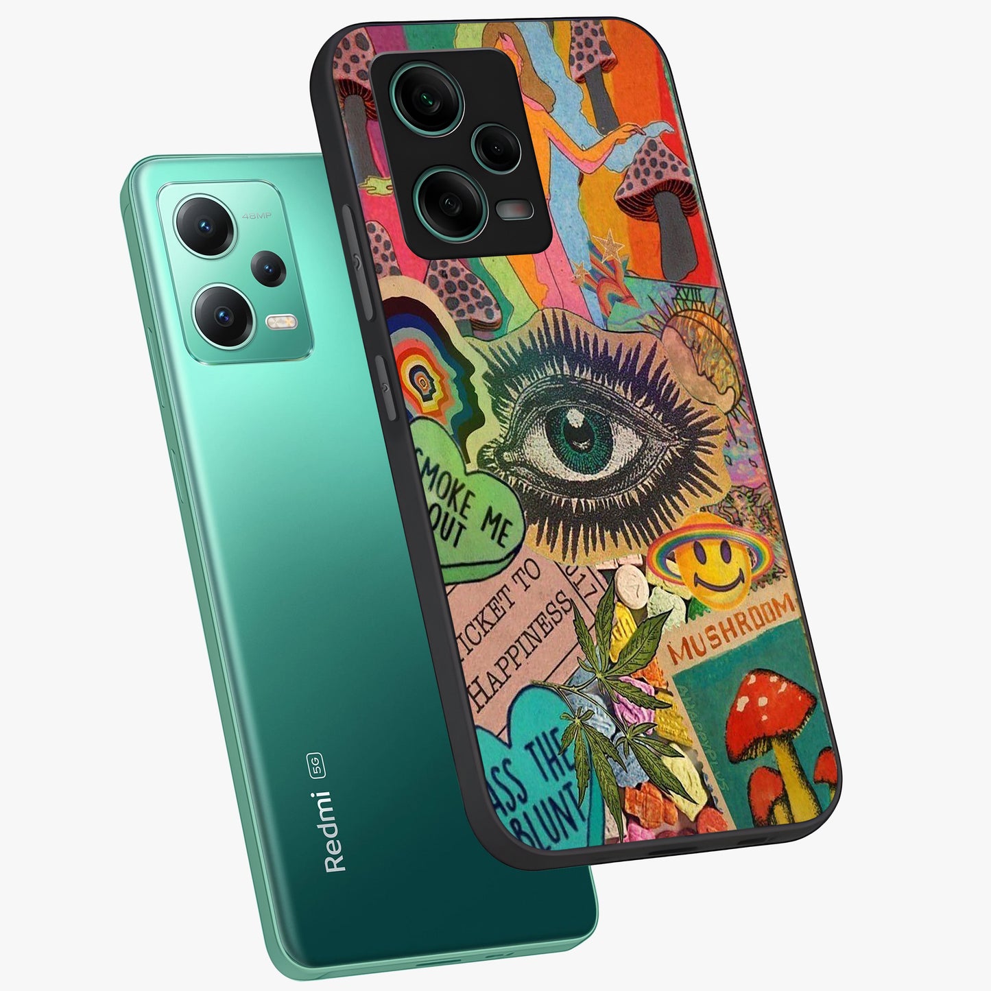 Mystic Eye Wonderland Glass Case displayed in angled mockup highlighting magical eye illustration with dreamy aesthetic.