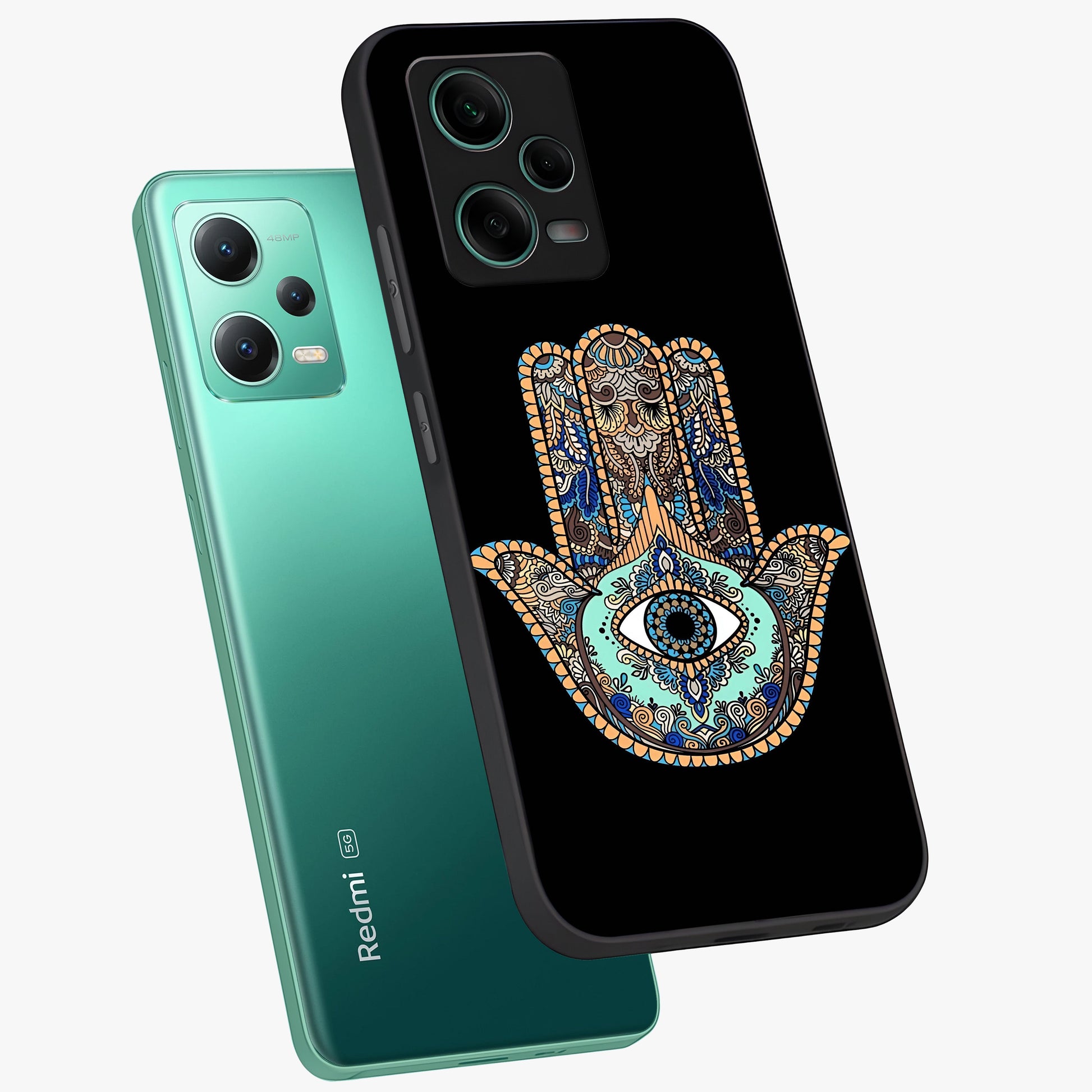 Mystic Hamsa Eye Glass Case displayed in angled mockup highlighting spiritual hamsa symbol with mystical aesthetic style.