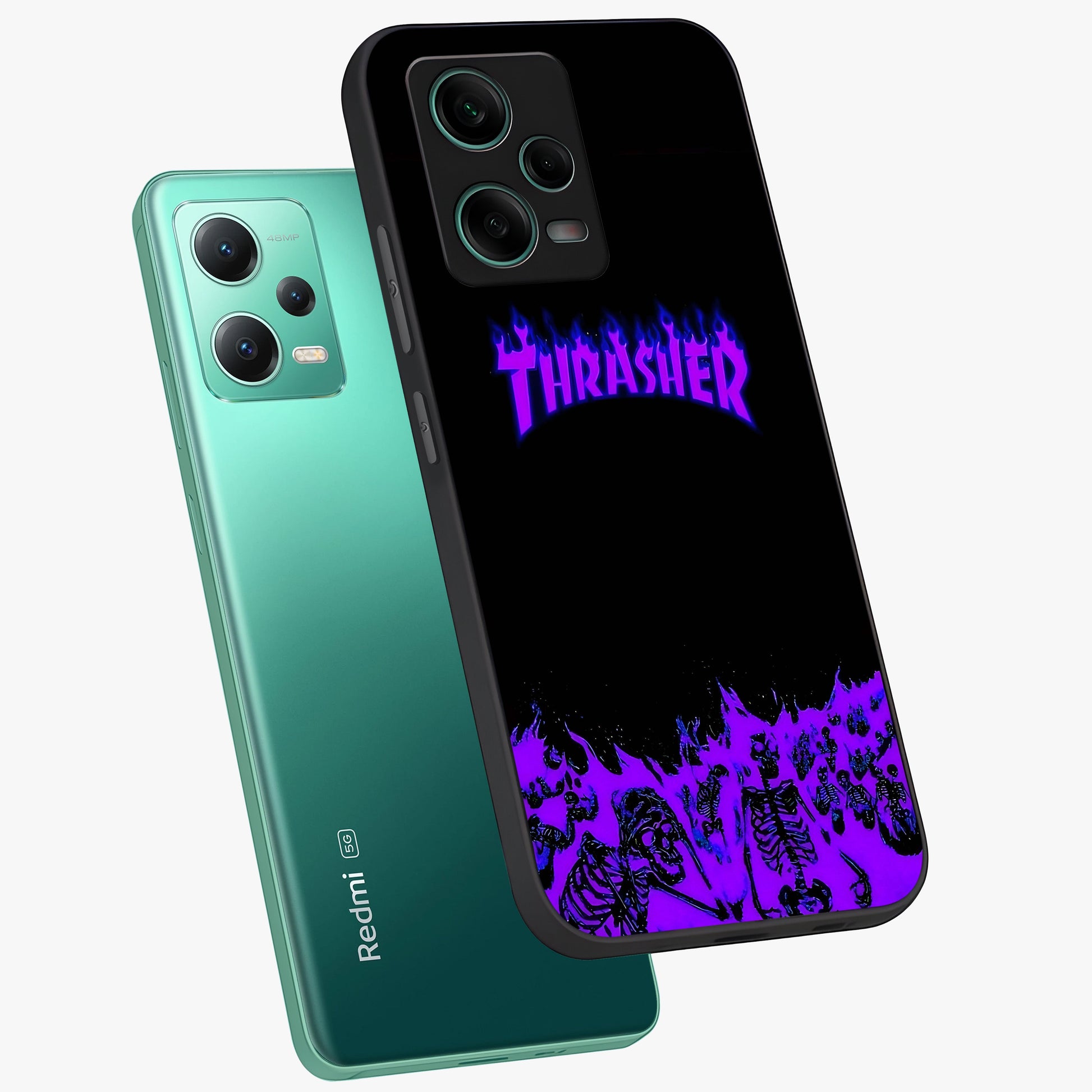 Neon Flame Riot Glass Case displayed in angled mockup highlighting glowing flame design with vibrant neon aesthetic.