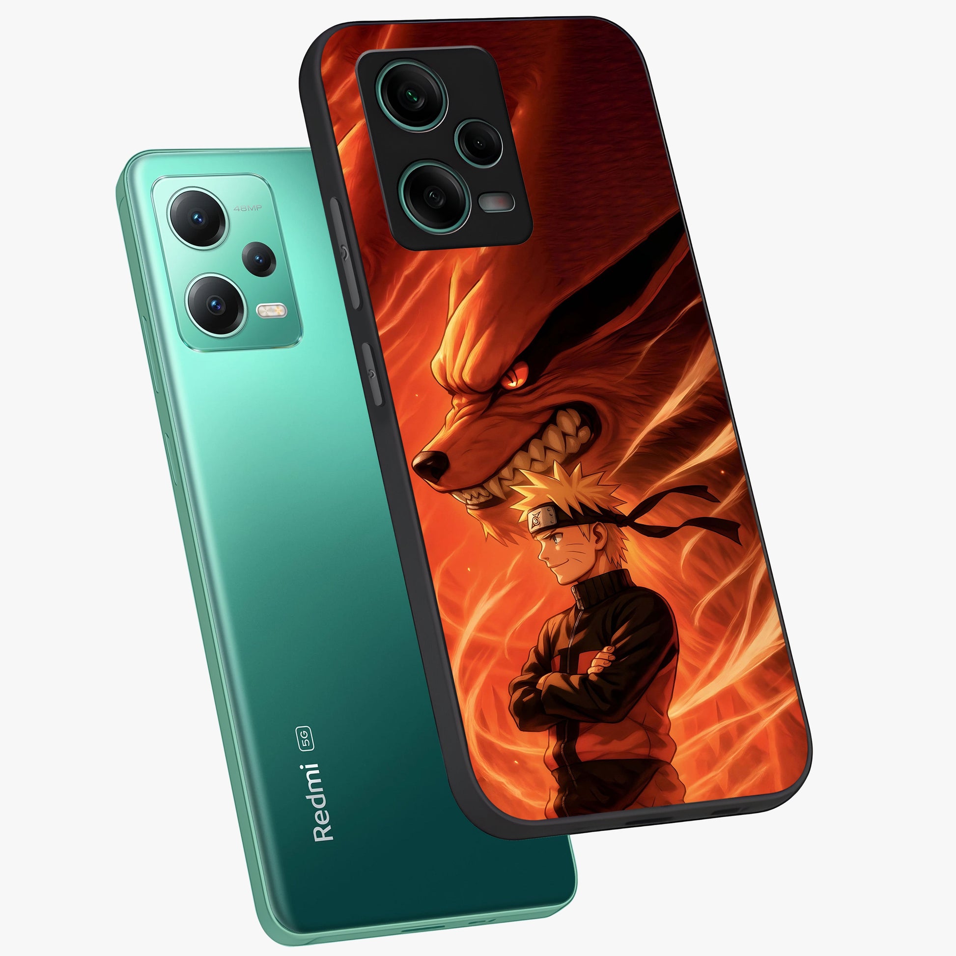 Nine Tails Legacy Glass Case displayed in angled mockup highlighting dynamic anime beast illustration with bold mystical aesthetic.