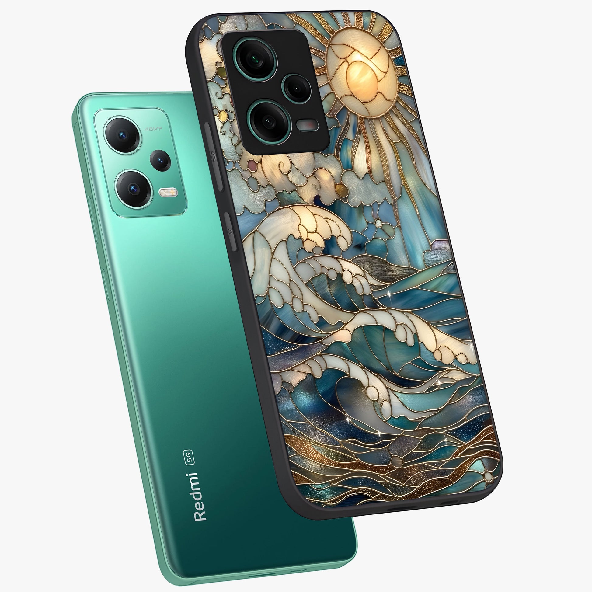 Oceanic Stained Printed Glass Case displayed in angled mockup highlighting colorful aquatic design with artistic aesthetic style.