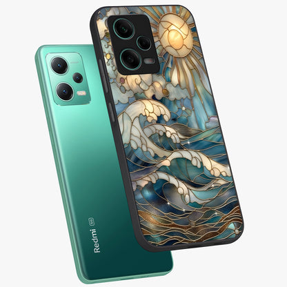 Oceanic Stained Printed Glass Case displayed in angled mockup highlighting colorful aquatic design with artistic aesthetic style.