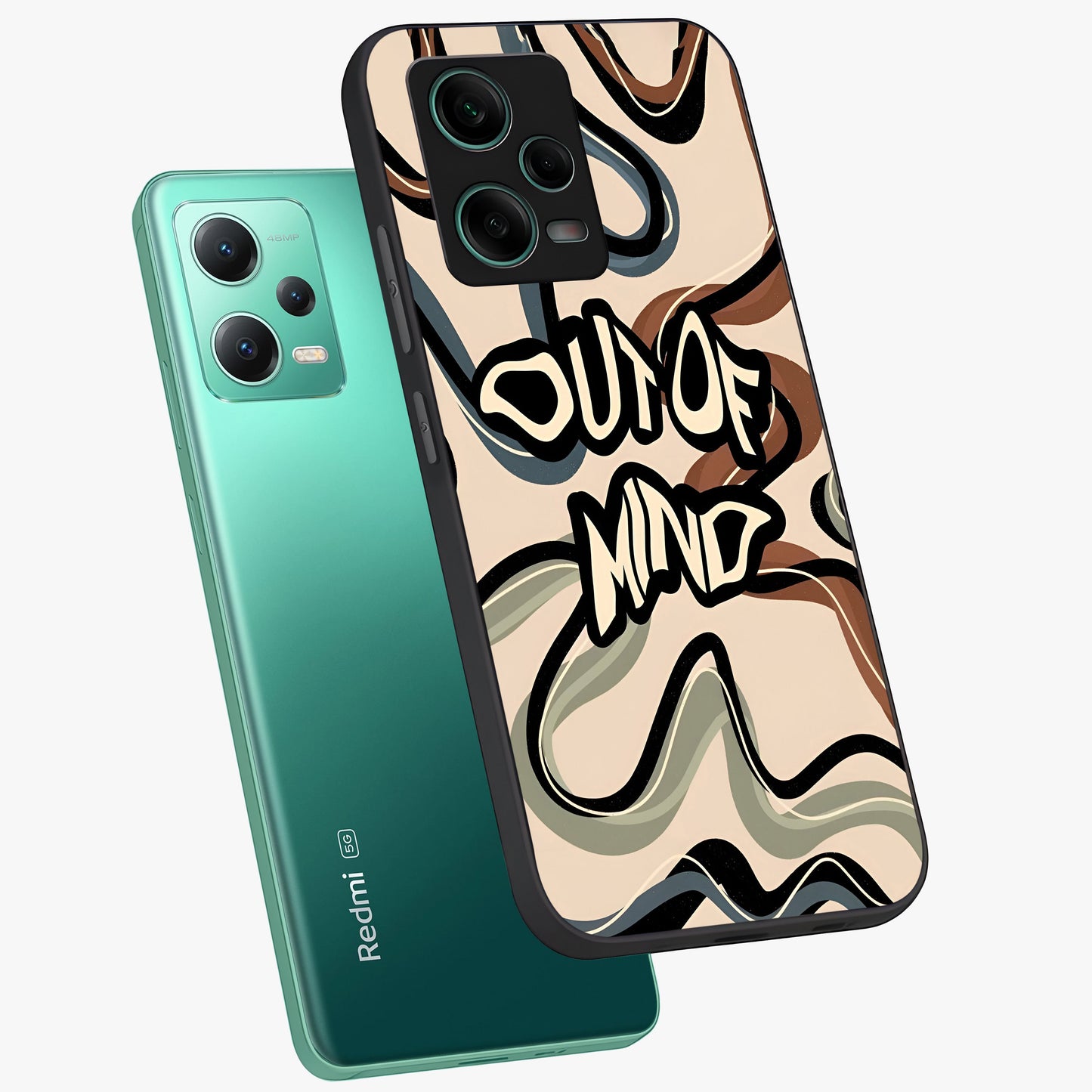 Out Of Mind Glass Case displayed in angled mockup highlighting bold statement design with modern artistic aesthetic.