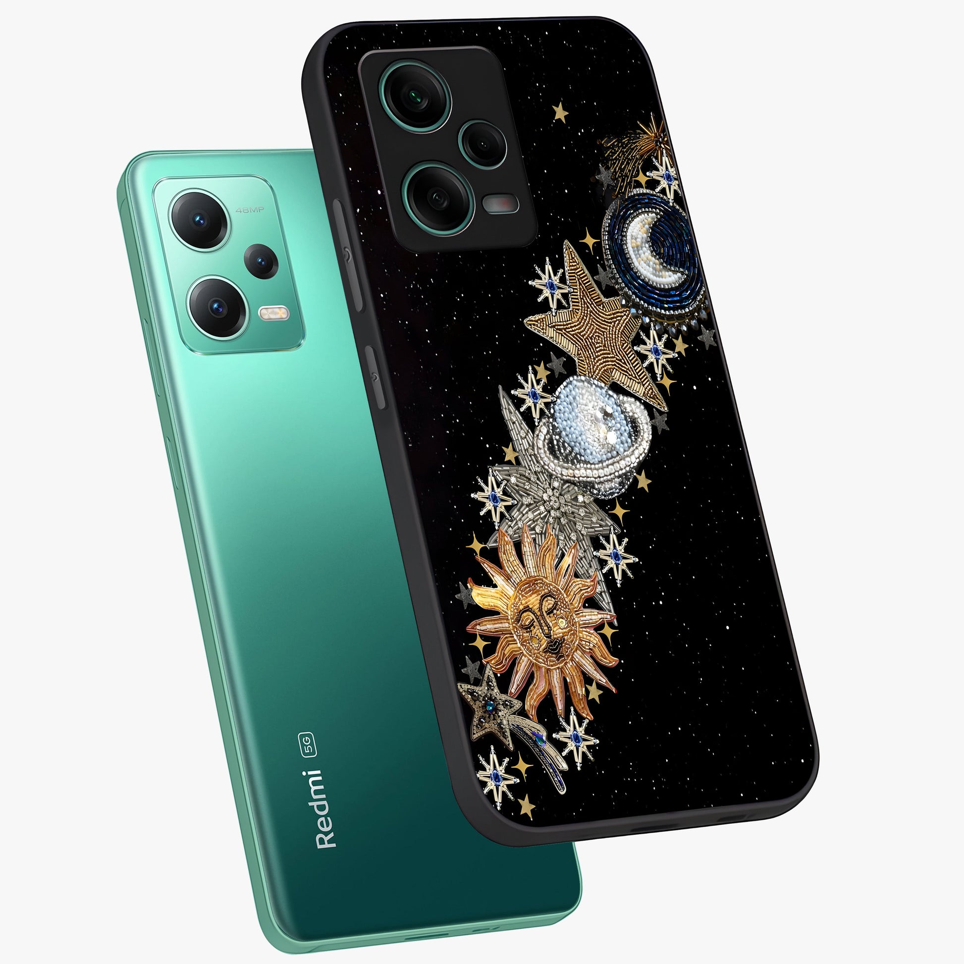 Pearls Universe Object Glass Case displayed in angled mockup highlighting celestial pearl design with dreamy aesthetic.