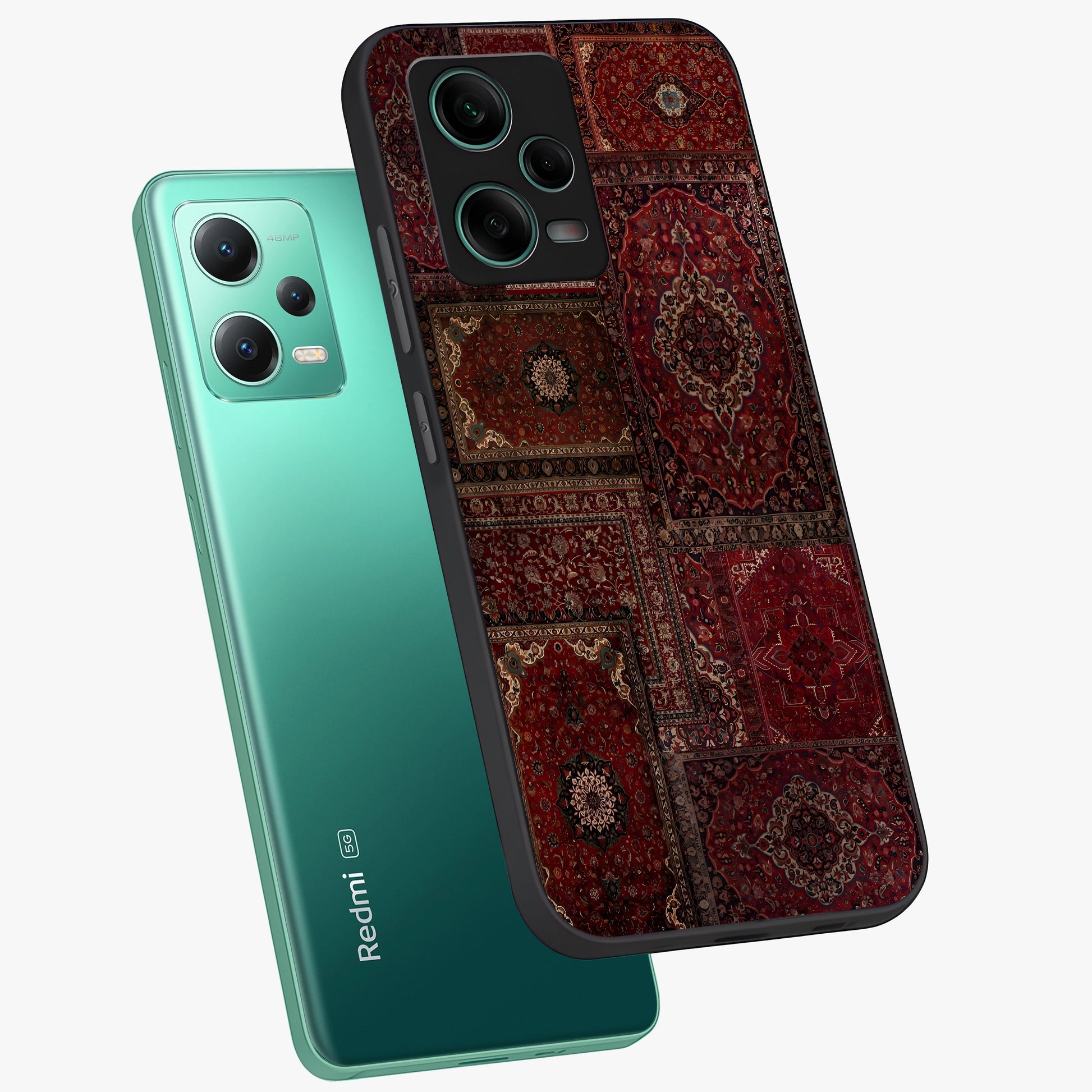 Persian Velvet Tale Glass Case displayed in angled mockup highlighting ornate textile inspired design with royal aesthetic.