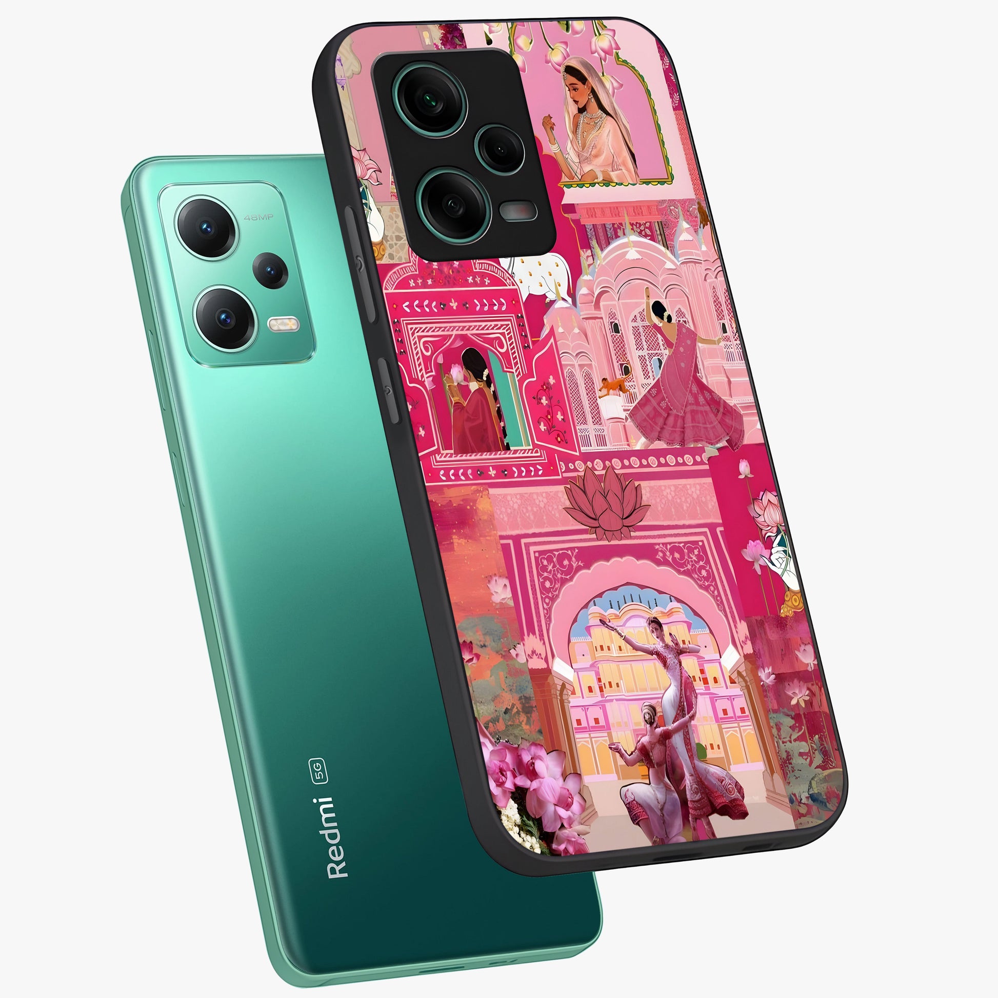 Pink Palace Muse Glass Case displayed in angled mockup highlighting dreamy palace illustration with soft pink aesthetic.
