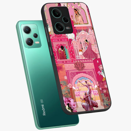 Pink Palace Muse Glass Case displayed in angled mockup highlighting dreamy palace illustration with soft pink aesthetic.
