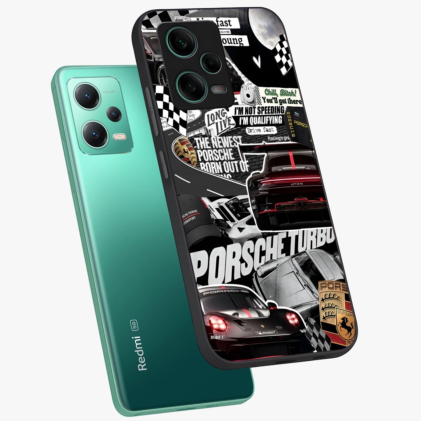 Porsche Racing Collage Glass Case displayed in angled mockup highlighting dynamic automotive design with bold racing aesthetic.