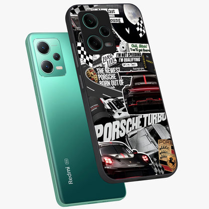 Porsche Racing Collage Glass Case displayed in angled mockup highlighting dynamic automotive design with bold racing aesthetic.