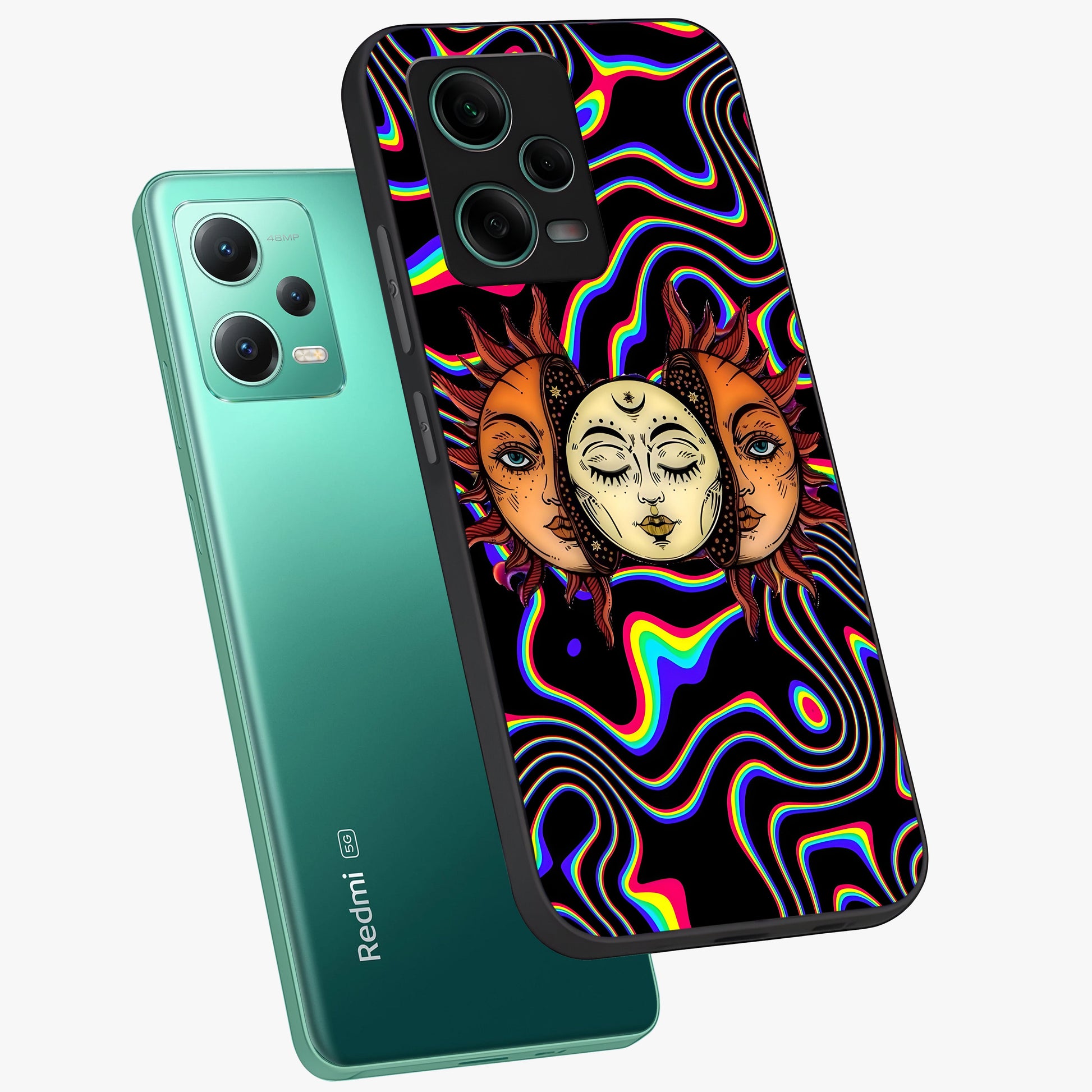Psychedelic Sun Glass Case displayed in angled mockup highlighting vibrant abstract sun design with artistic aesthetic style.