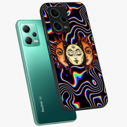 Psychedelic Sun Glass Case displayed in angled mockup highlighting vibrant abstract sun design with artistic aesthetic style.