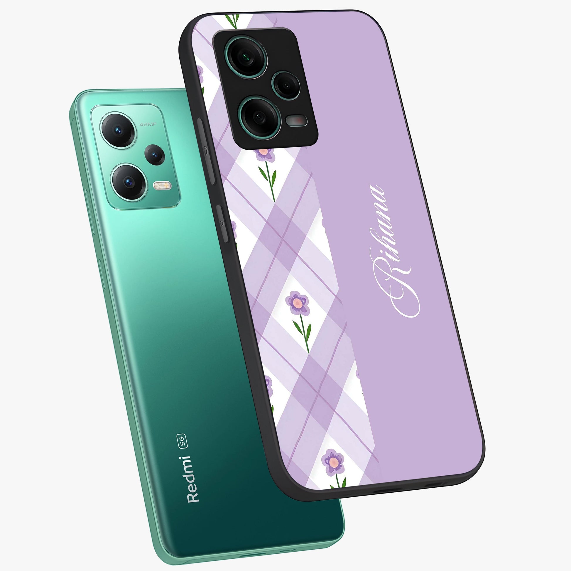 Purple Diamond Floral Glass Case displayed in angled mockup highlighting elegant purple flower design with decorative pattern.