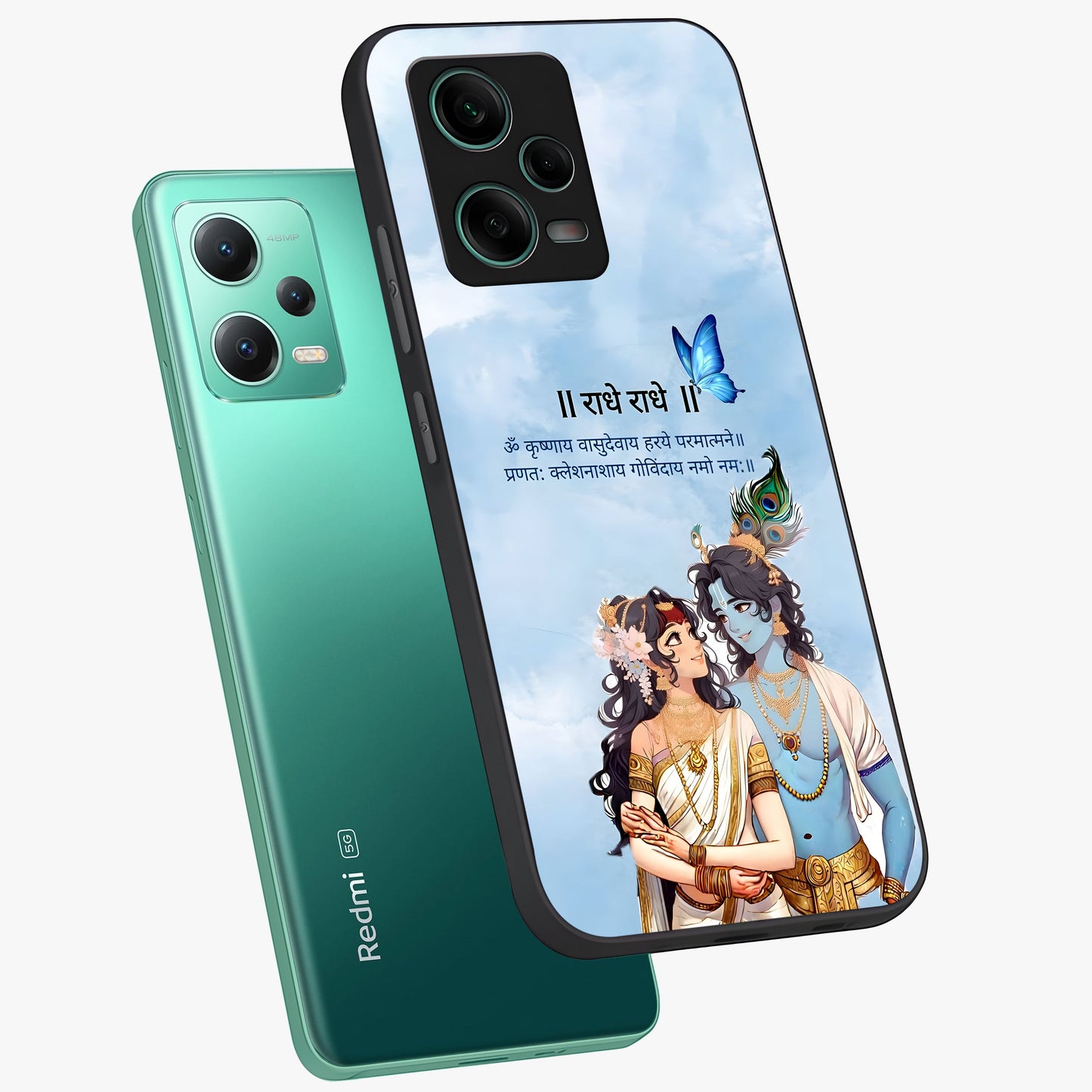 Radha Krishna Eternal Glass Case displayed in angled mockup highlighting divine Radha Krishna illustration with spiritual aesthetic.