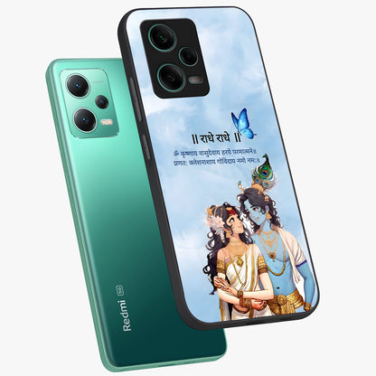 Radha Krishna Eternal Glass Case displayed in angled mockup highlighting divine Radha Krishna illustration with spiritual aesthetic.