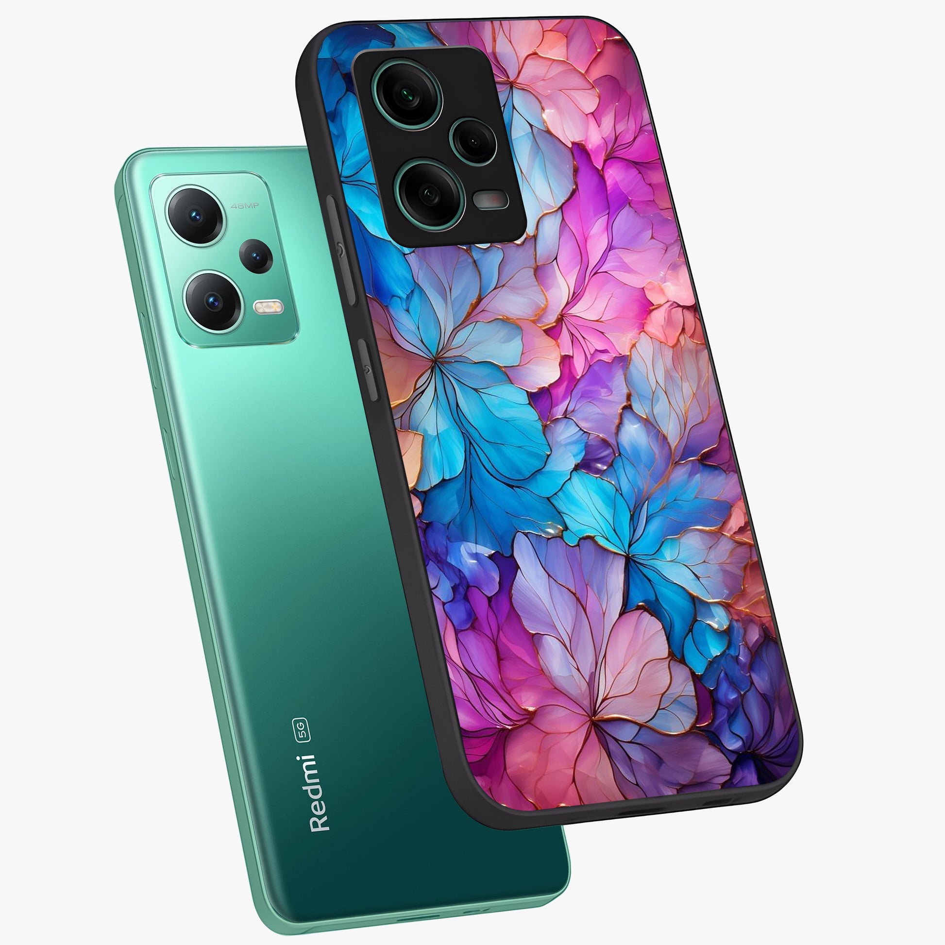 Radiant Floral Whirl Glass Case displayed in angled mockup highlighting vibrant flower pattern with dynamic artistic aesthetic.