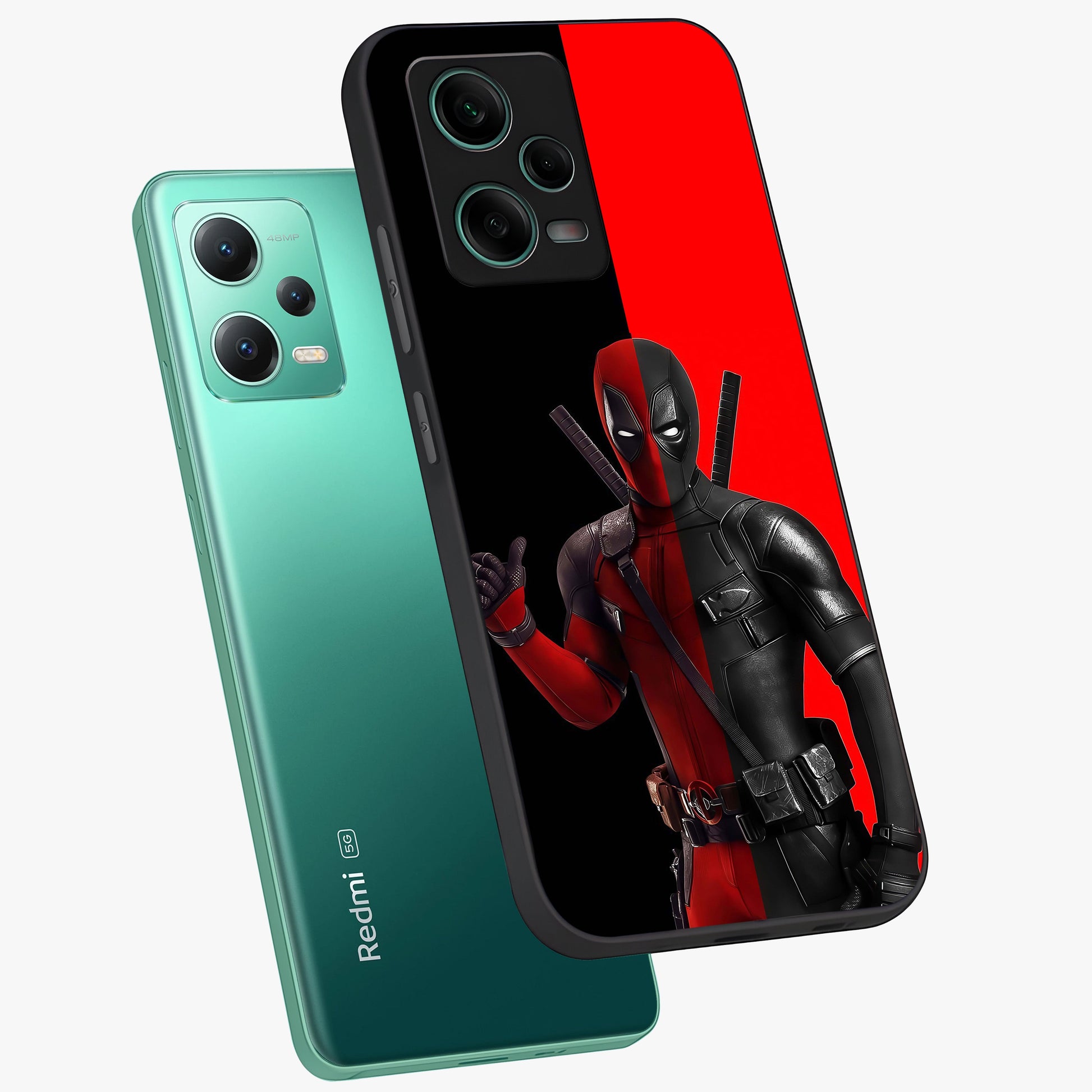 Red & Black Deadpool Theme Glass Case displayed in angled mockup highlighting vibrant superhero style illustration with action aesthetic.