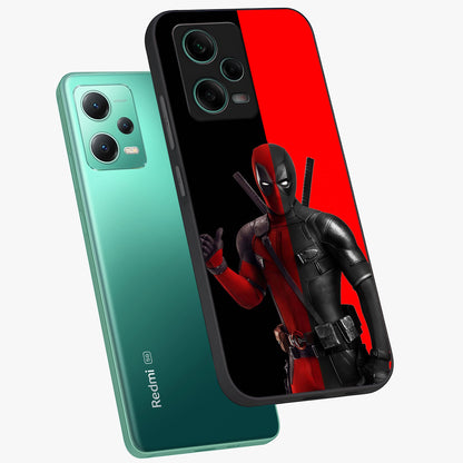Red & Black Deadpool Theme Glass Case displayed in angled mockup highlighting vibrant superhero style illustration with action aesthetic.