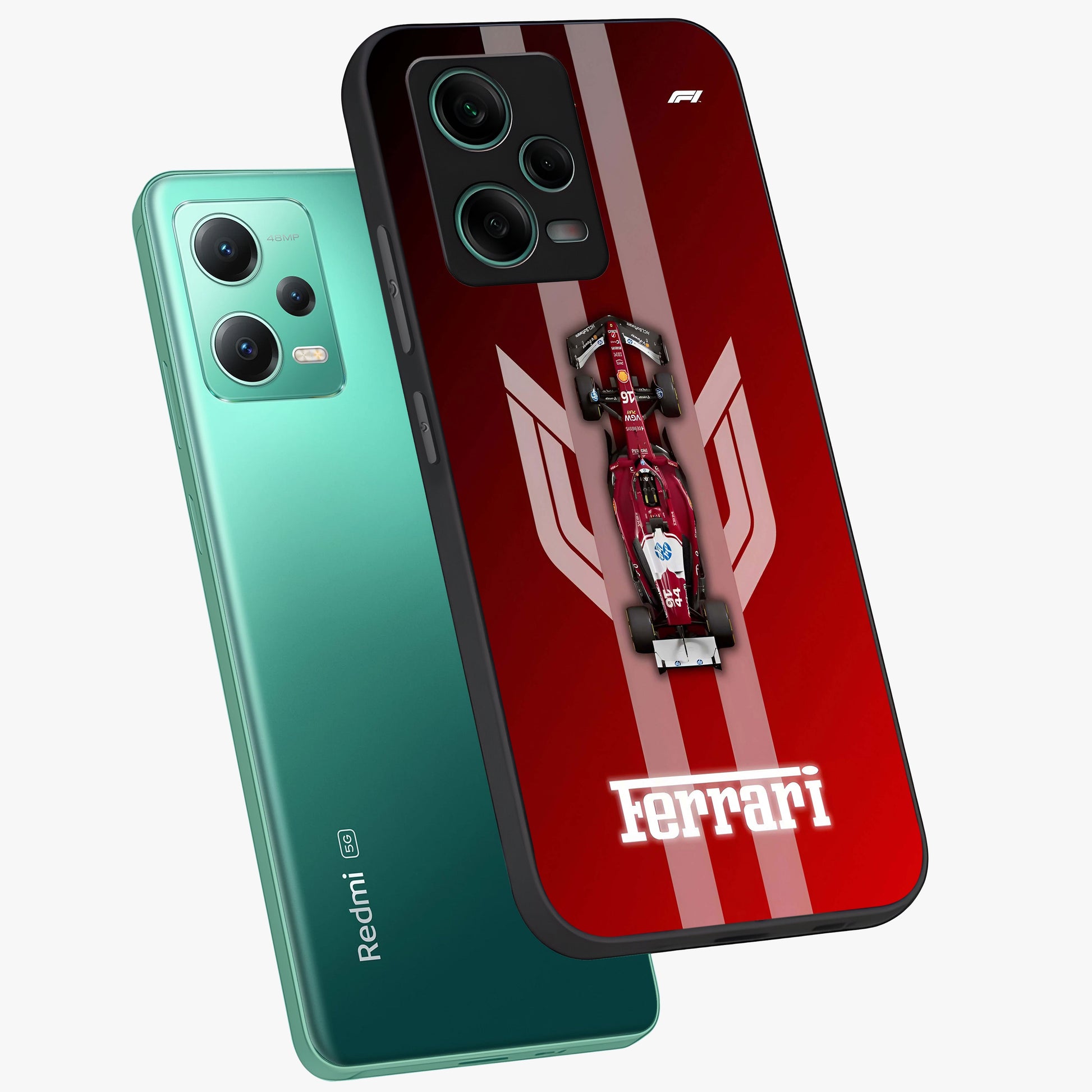 Red Ferrari F1 Vertical Glass Case displayed in angled mockup highlighting high speed racing design with bold automotive aesthetic.