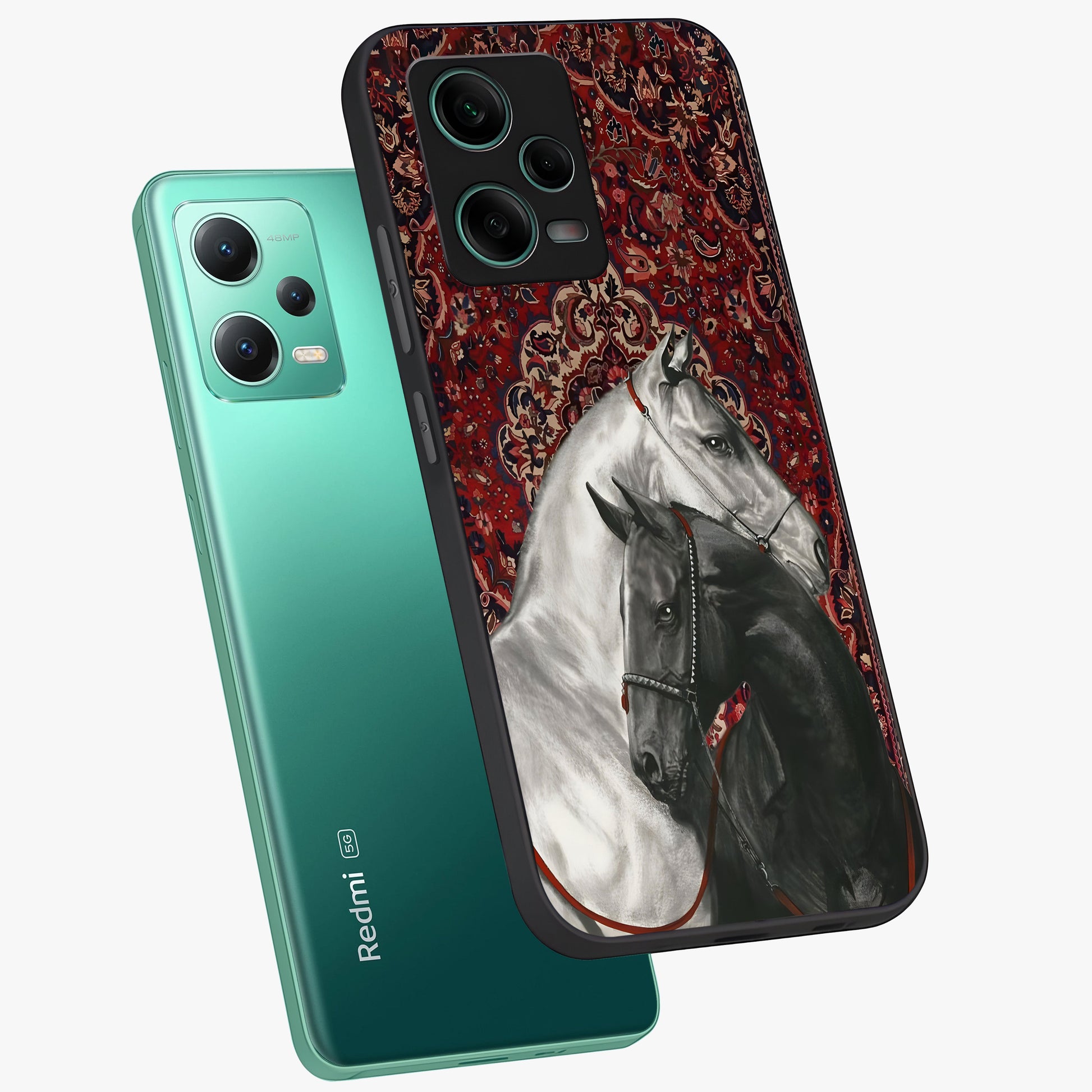 Regal Stallion Tapestry Glass Case displayed in angled mockup highlighting royal stallion design with decorative heritage aesthetic.