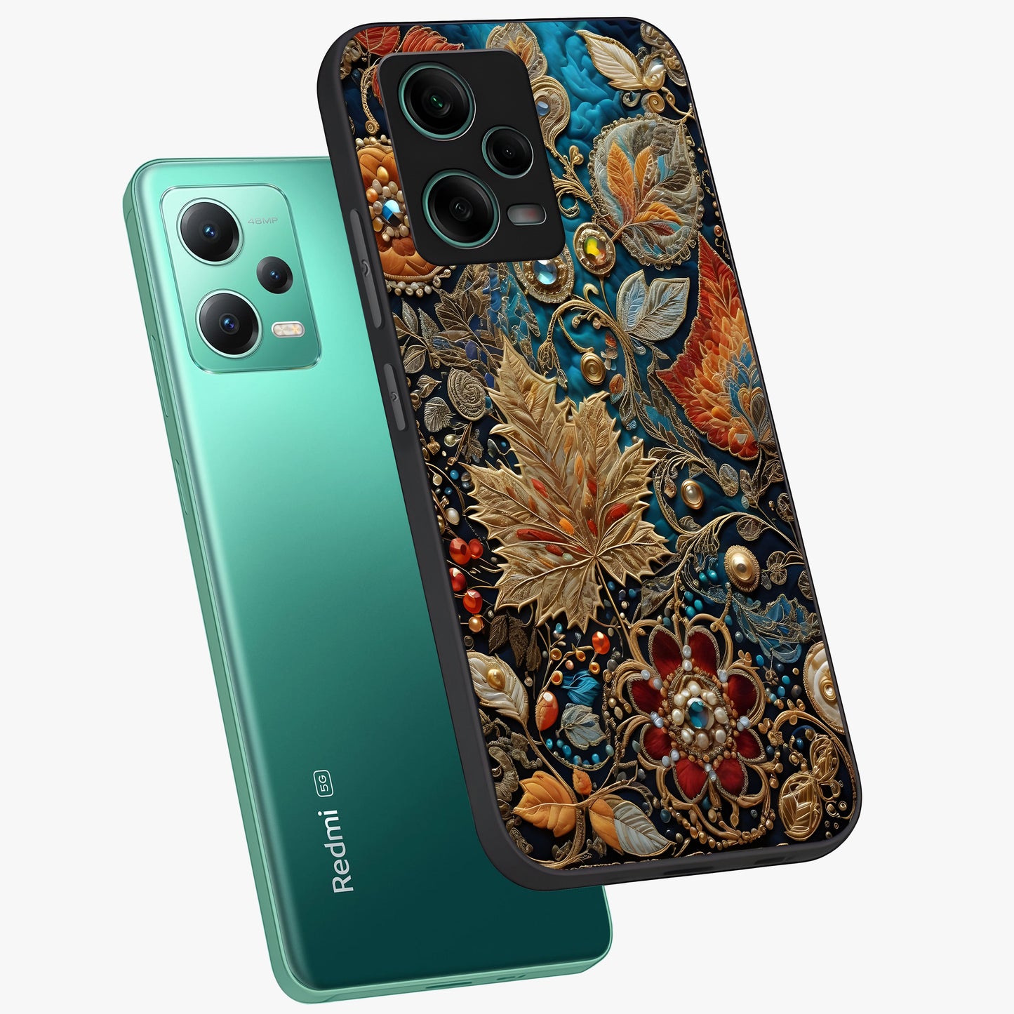 Royal Jewel Garden Glass Case displayed in angled mockup highlighting vibrant jewel inspired floral design with elegant aesthetic.