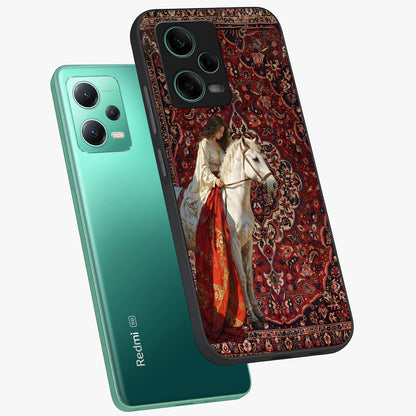 Royal Rider Tapestry Glass Case displayed in angled mockup highlighting traditional tapestry design with royal heritage aesthetic.