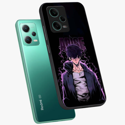 Shadow Monarch Awakening Glass Case displayed in angled mockup highlighting dramatic shadow warrior design with fantasy aesthetic.
