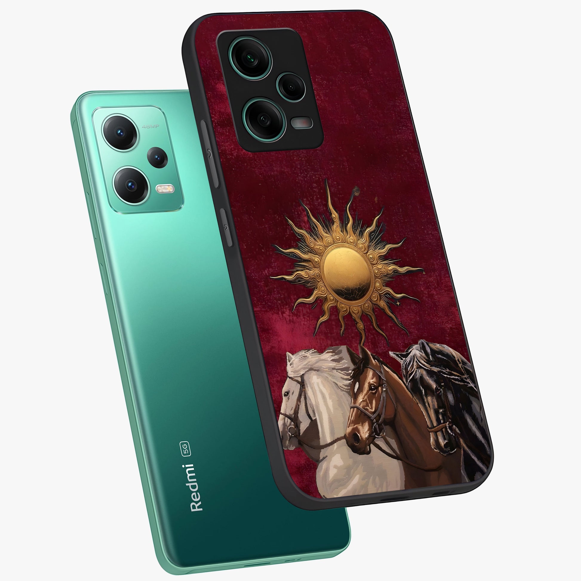 Solar Riders Glass Case displayed in angled mockup highlighting powerful rider illustration with radiant solar aesthetic.