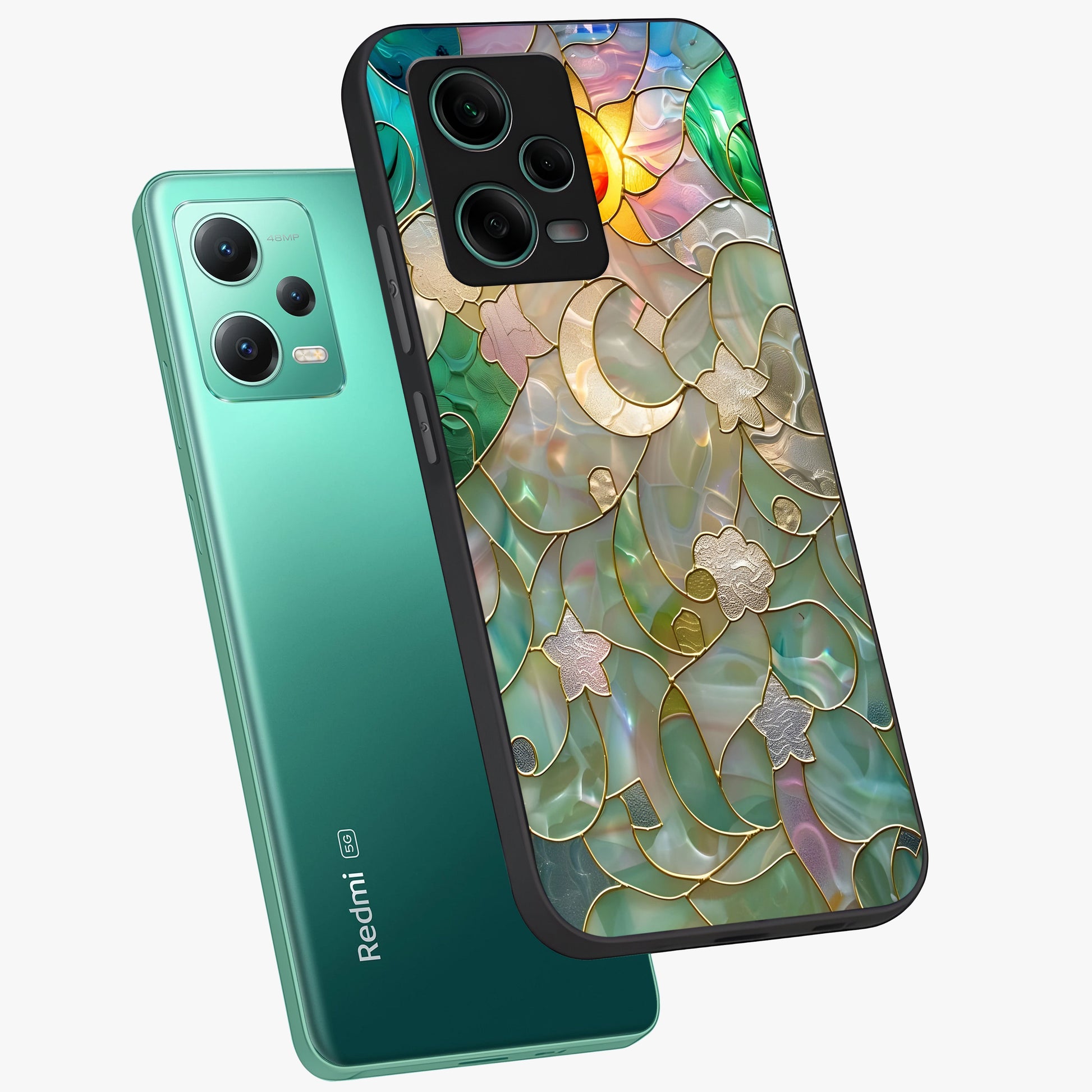 Stained Sunrise Glow Glass Case displayed in angled mockup highlighting radiant sunrise design with artistic aesthetic style.