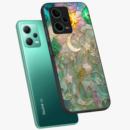 Stained Sunrise Glow Glass Case displayed in angled mockup highlighting radiant sunrise design with artistic aesthetic style.