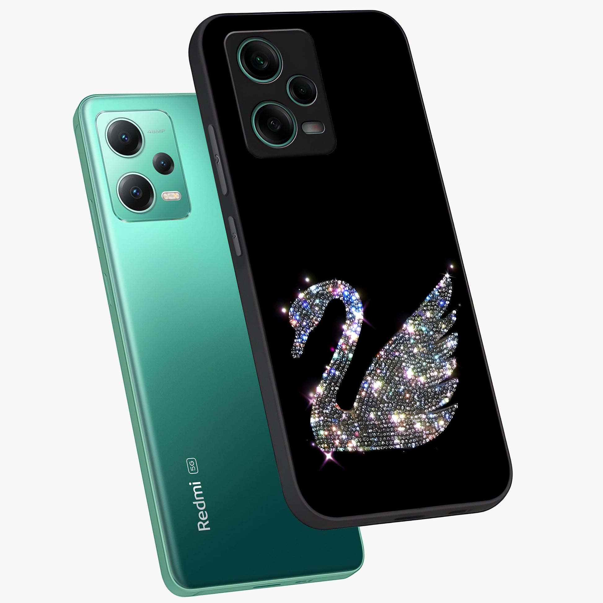 Starlit Swan Grace Glass Case displayed in angled mockup highlighting elegant swan illustration with dreamy celestial aesthetic.