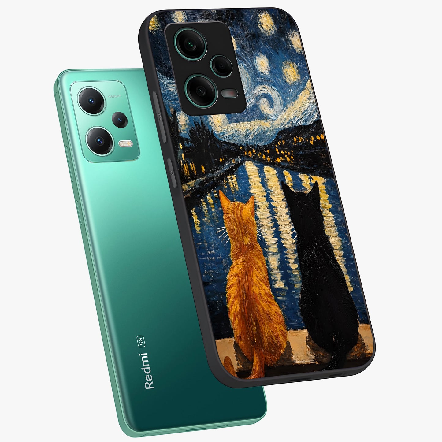 Starry River Cats Glass Case displayed in angled mockup highlighting charming feline illustration with dreamy night aesthetic.