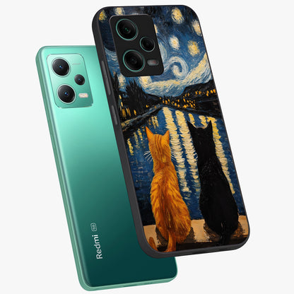 Starry River Cats Glass Case displayed in angled mockup highlighting charming feline illustration with dreamy night aesthetic.