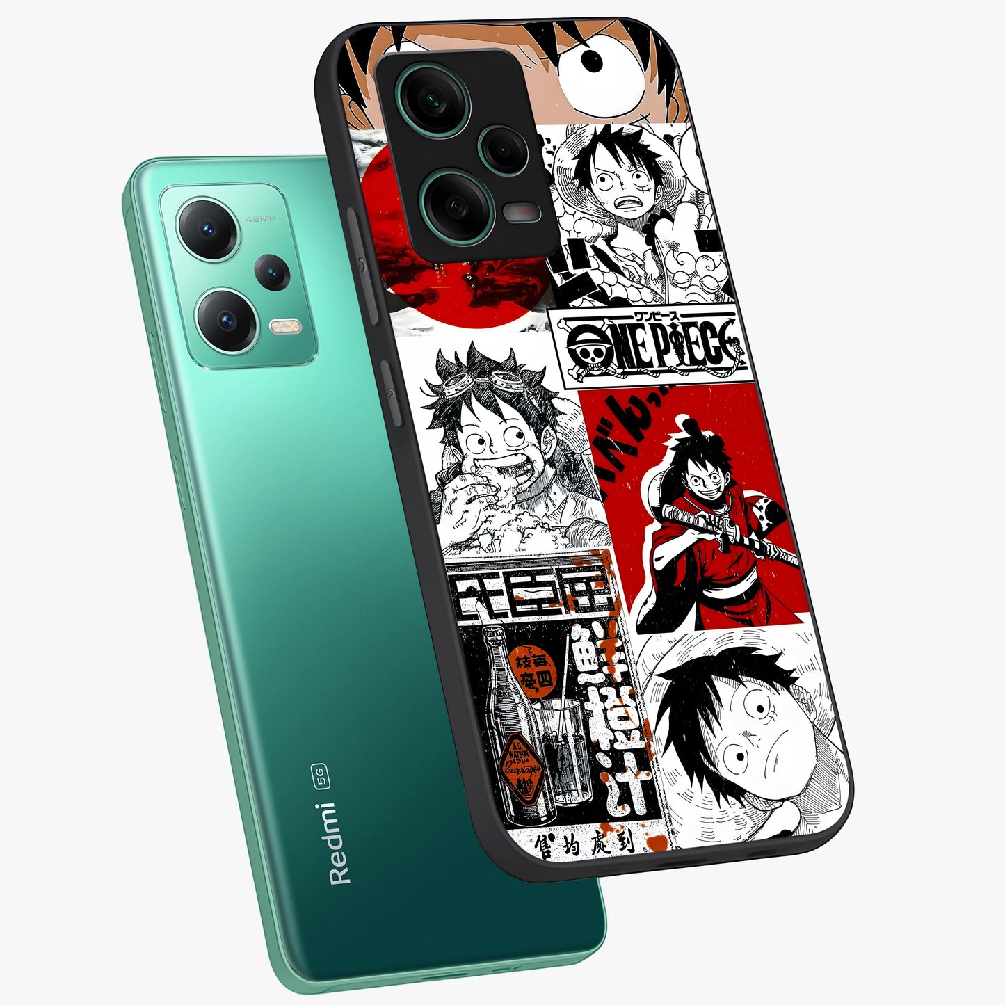 Strawhat Chaos Panels Glass Case displayed in angled mockup highlighting vibrant anime collage design with action aesthetic.