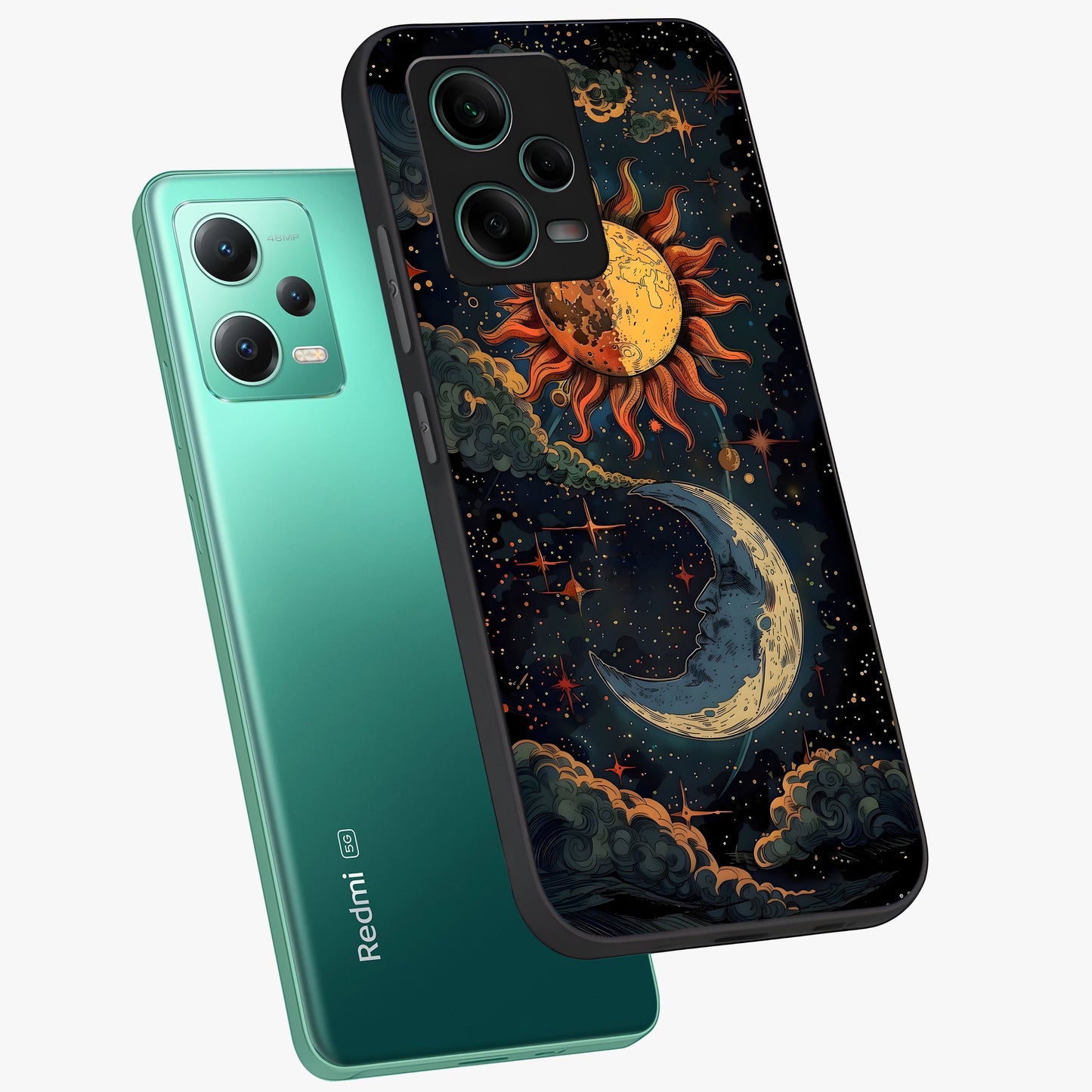 Sun And Moon Magic Design Glass Case displayed in angled mockup highlighting celestial design with magical cosmic aesthetic.