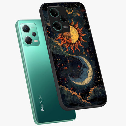 Sun And Moon Magic Design Glass Case displayed in angled mockup highlighting celestial design with magical cosmic aesthetic.