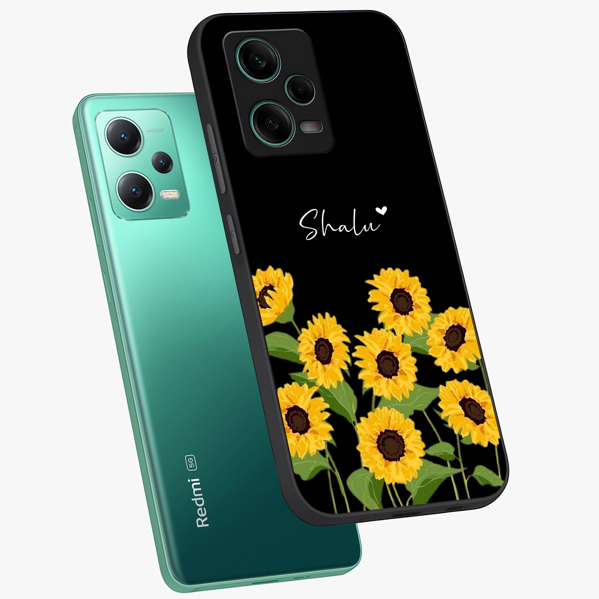 Sunflower Chic Mood Custom Name Glass Case displayed in angled mockup highlighting vibrant sunflower design with custom name feature.