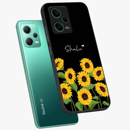 Sunflower Chic Mood Custom Name Glass Case displayed in angled mockup highlighting vibrant sunflower design with custom name feature.